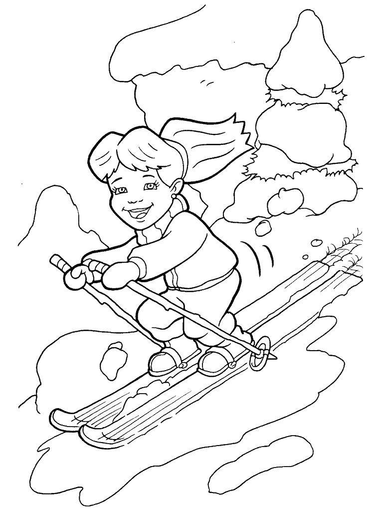 Розмальовки  Дівчинка на лижах. Завантажити розмальовку зима, дівчинка, лижі, сніг.  Роздрукувати ,зима,