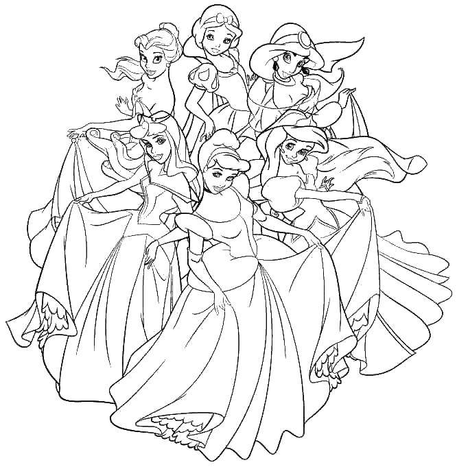 Раскраска Диснеевские принцессы Скачать ,принцессы, Диснейленд, Дисней, мультфильмы,.  Распечатать 