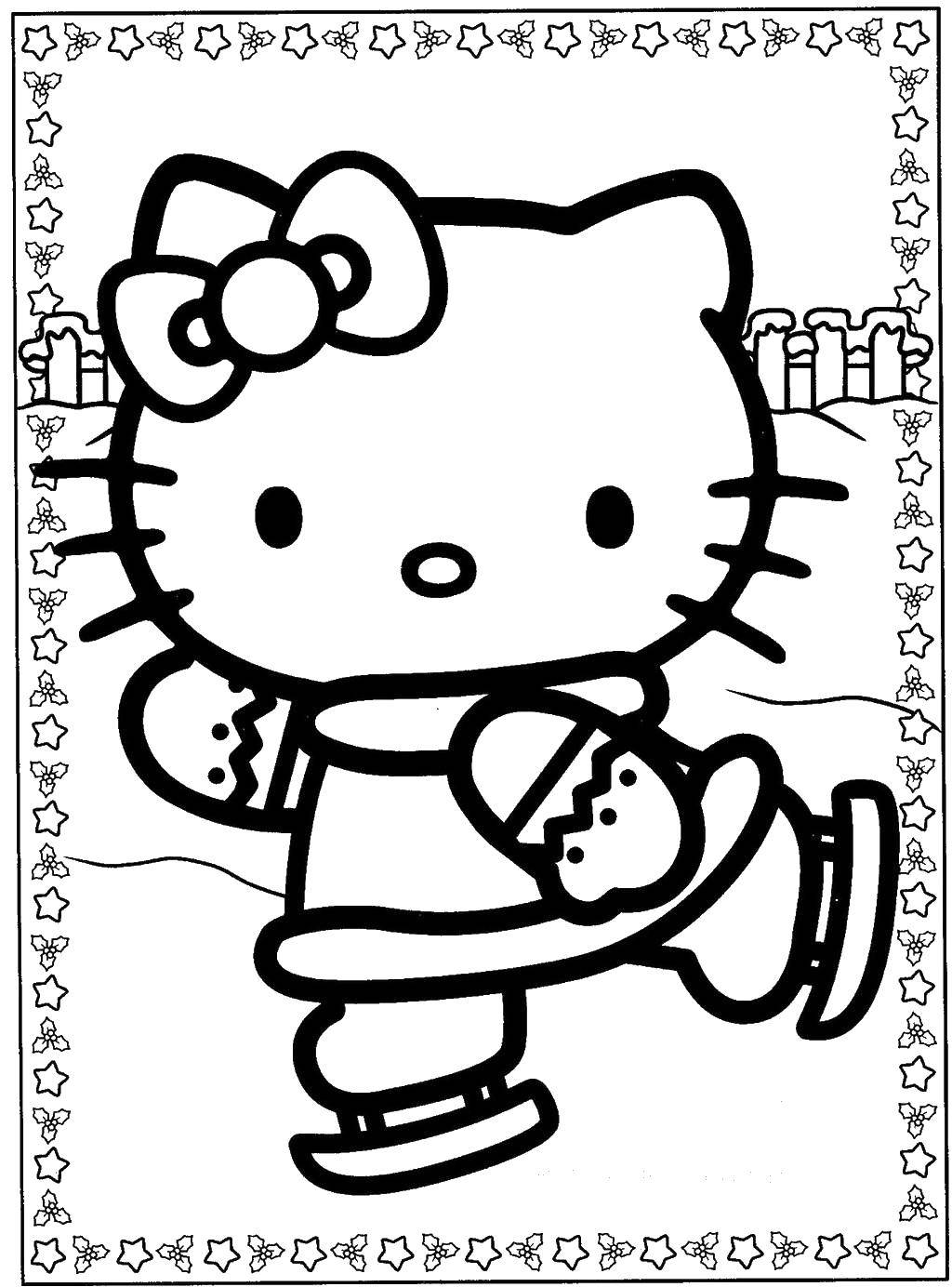 Розмальовки  Хеллоу кітті на ковзанах. Завантажити розмальовку хеллоу кітті, кішечка, кішка, ковзани.  Роздрукувати ,Хеллоу Кітті,