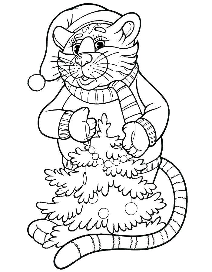Розмальовки  Котик і ялинка. Завантажити розмальовку Різдво, ялинка, кіт.  Роздрукувати ,Різдво,