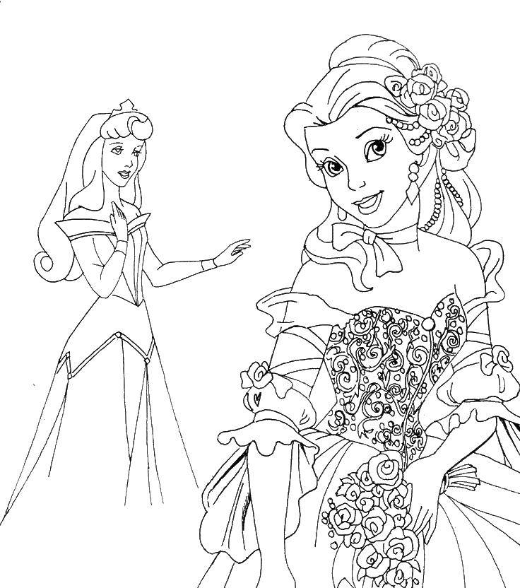 Розмальовки  Красуня белл і принцеса аврора. Завантажити розмальовку принцеси, белл, аврора.  Роздрукувати ,Принцеси,