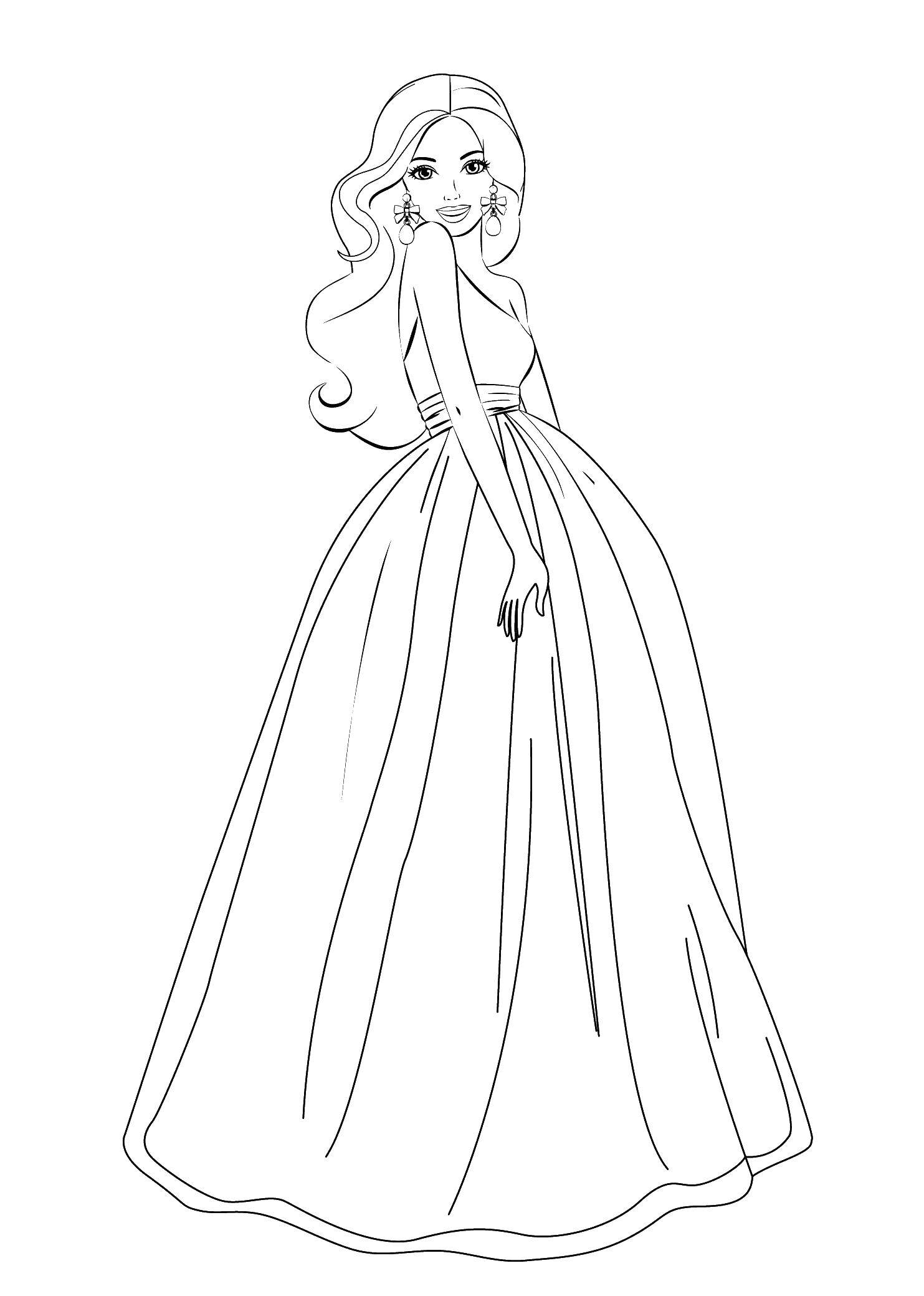 Розмальовки  Сукня в гарному довгій сукні. Завантажити розмальовку барбі, плаття, принцеса.  Роздрукувати ,Барбі,