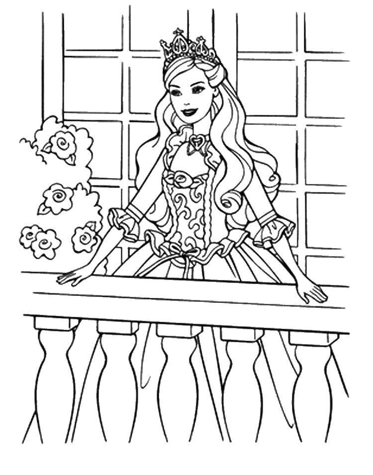 Розмальовки  Принцеса барбі на веранді. Завантажити розмальовку барбі, принцеси, для дівчаток, веранда.  Роздрукувати ,Барбі,