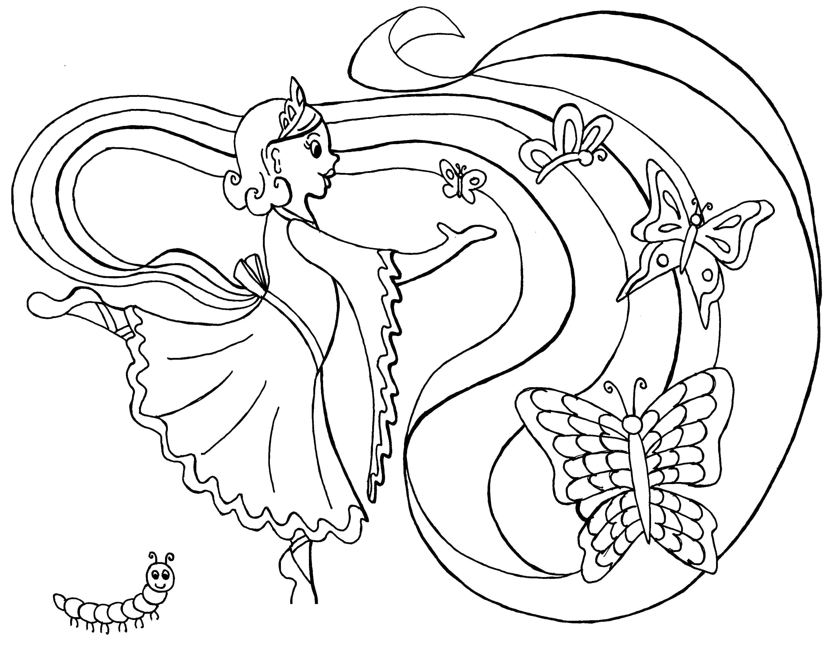 Розмальовки  Принцеса з метеликами. Завантажити розмальовку принцеси, метелики.  Роздрукувати ,Принцеси,