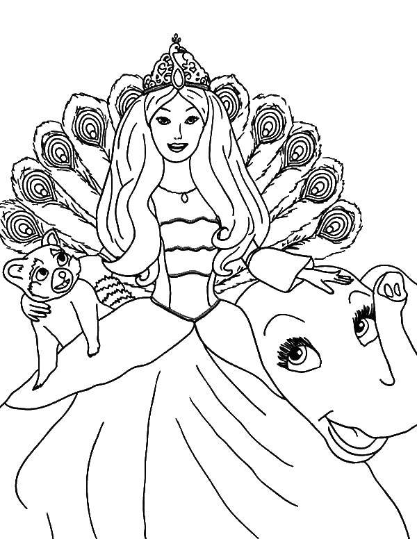 Розмальовки  Принцеса з тваринками. Завантажити розмальовку барбі, принцеси, звірятка.  Роздрукувати ,Барбі,