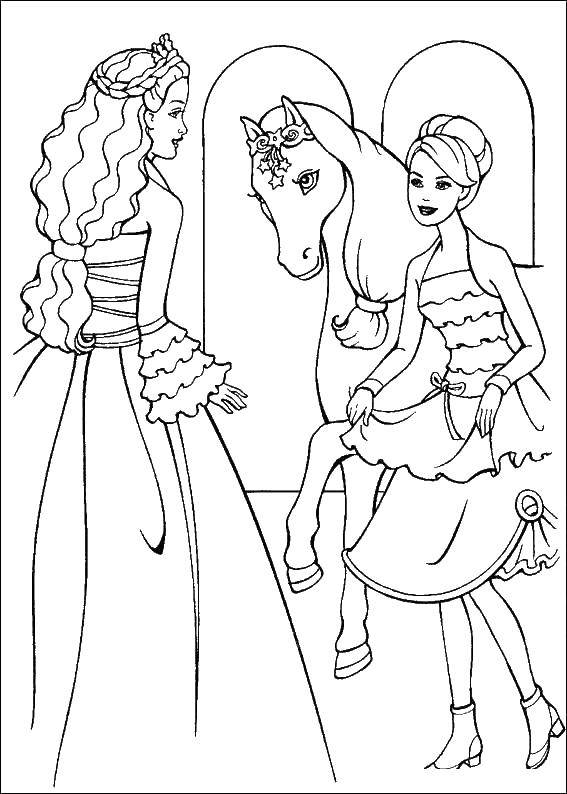 Розмальовки  Принцеси і кінь. Завантажити розмальовку барбі, принцеси, кінь.  Роздрукувати ,Барбі,