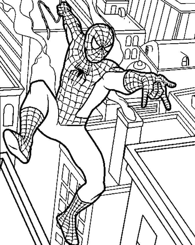 Розмальовки  Спайдермен над містом. Завантажити розмальовку для хлопчиків, спайдермен-людина-павук.  Роздрукувати ,для хлопчиків,