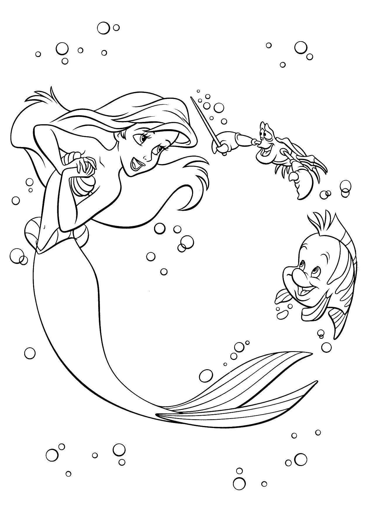 Название: Раскраска Ариэль, краб и рыбка. Категория: Принцессы. Теги: принцессы, Ариэль, русалочка.