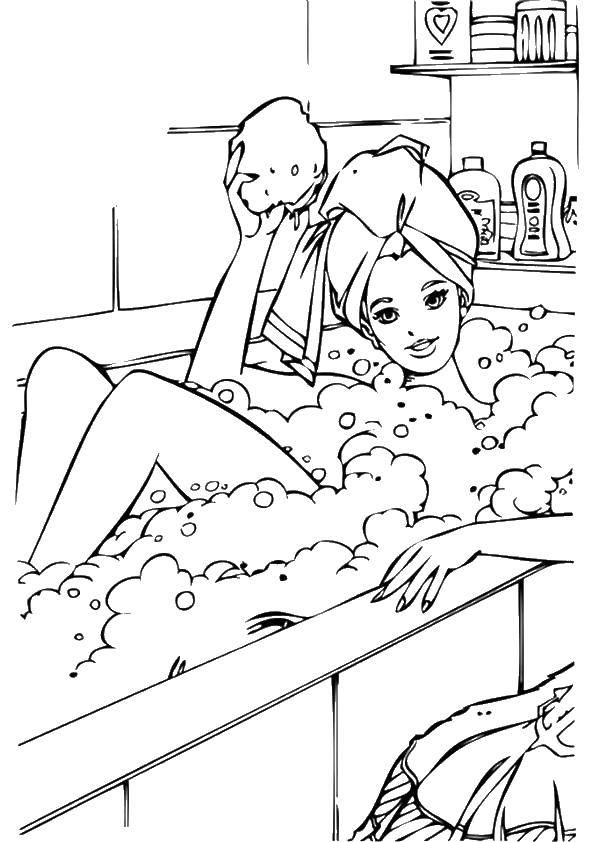 Название: Раскраска Барби в ванне. Категория: Барби. Теги: барби, куклы, ванная комната.