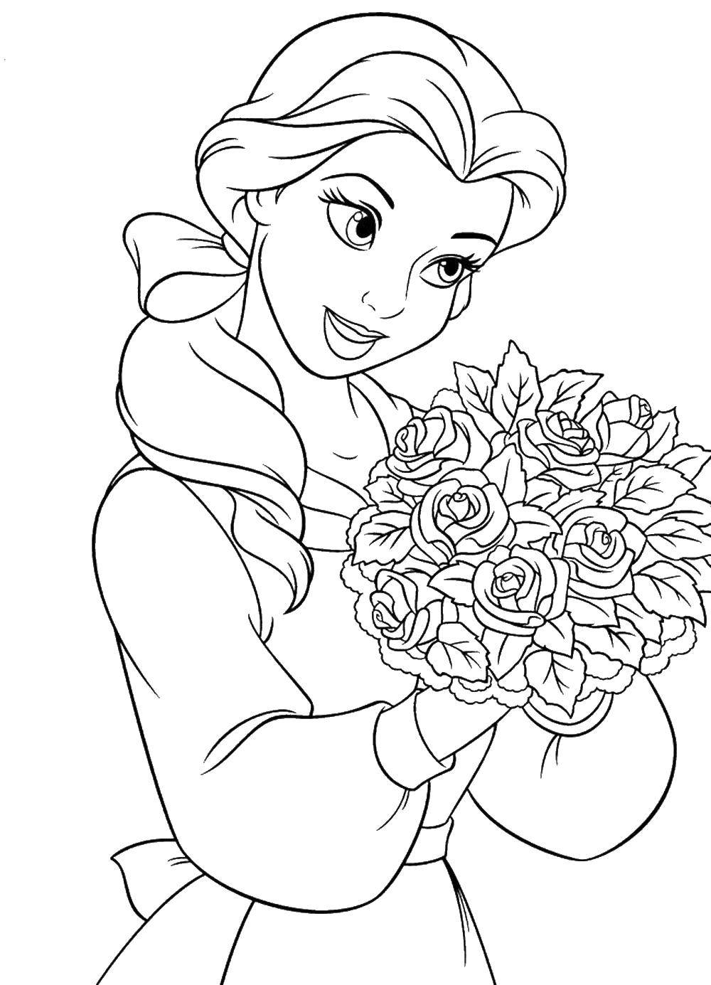Название: Раскраска Бель с букетом роз. Категория: Принцессы. Теги: принцесса, Бель, цветы, Дисней.