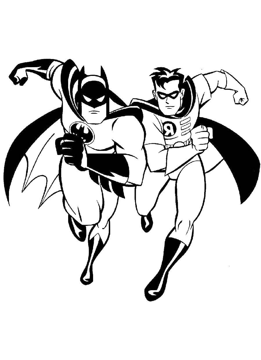 Название: Раскраска Бэтмен и робин бегут. Категория: супергерои. Теги: Бэтмен, супергерои.