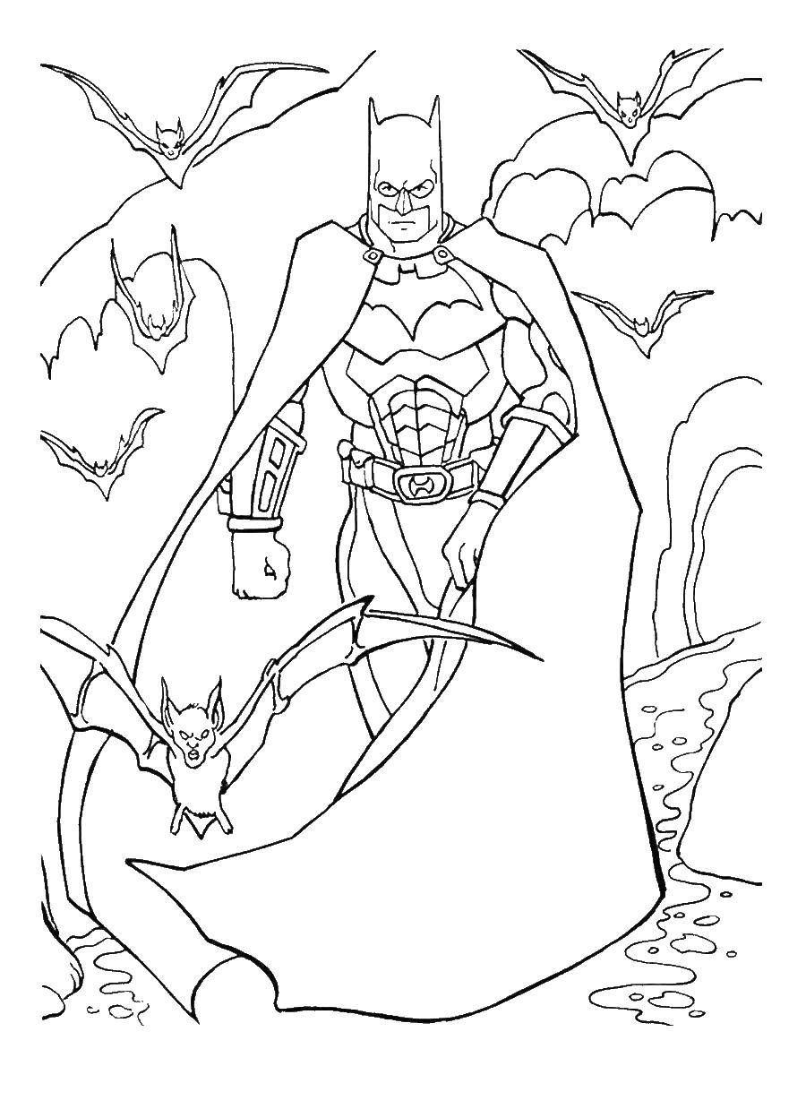 Название: Раскраска Бэтмен с летучими мышами в пещере. Категория: супергерои. Теги: Бэтмен, супергерои.