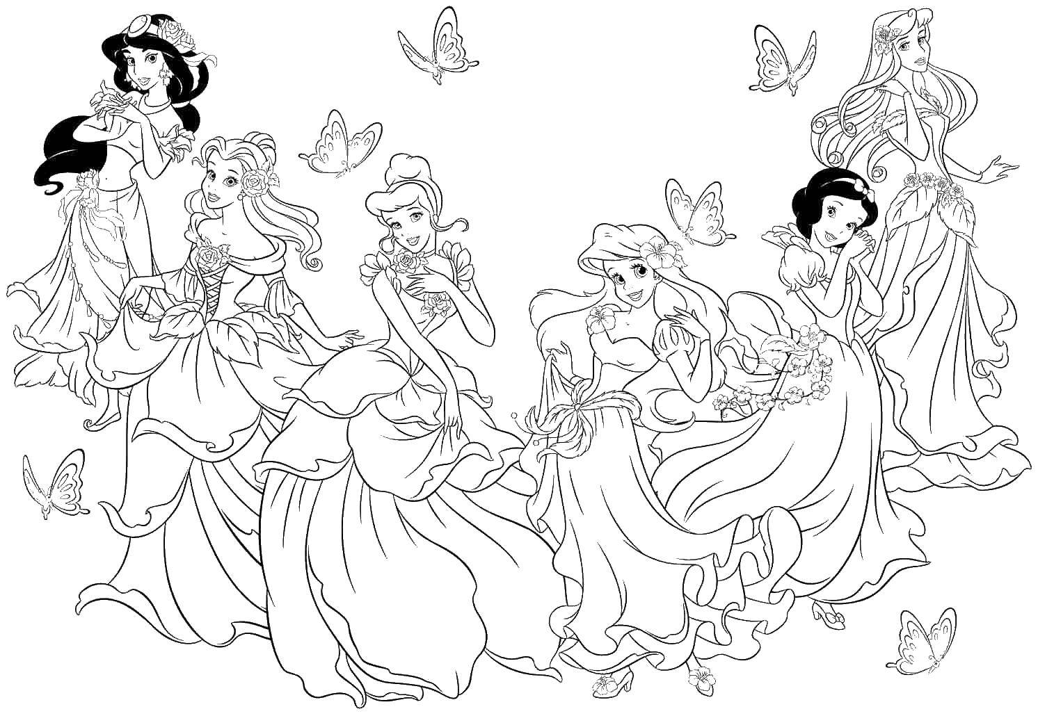 Название: Раскраска Диснеевские принцессы и бабочки. Категория: Принцессы. Теги: принцессы, бабочки, мультфильмы, Дисней.