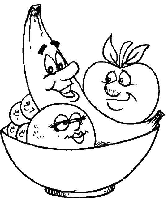 Название: Раскраска Друзья фрукты лежат в тарелочке. Категория: фрукты. Теги: фрукты, яблоко, банан, апельсинка.