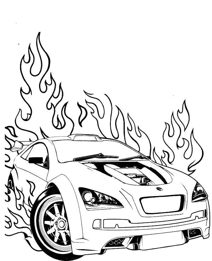 Название: Раскраска Классная тачка и пламя. Категория: Машины. Теги: машины, автомобили, гонки, спорткар.