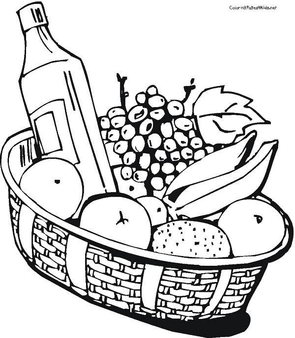 Название: Раскраска Корзина с фруктами и бутылкой. Категория: фрукты. Теги: фрукты, корзина, бутылка.