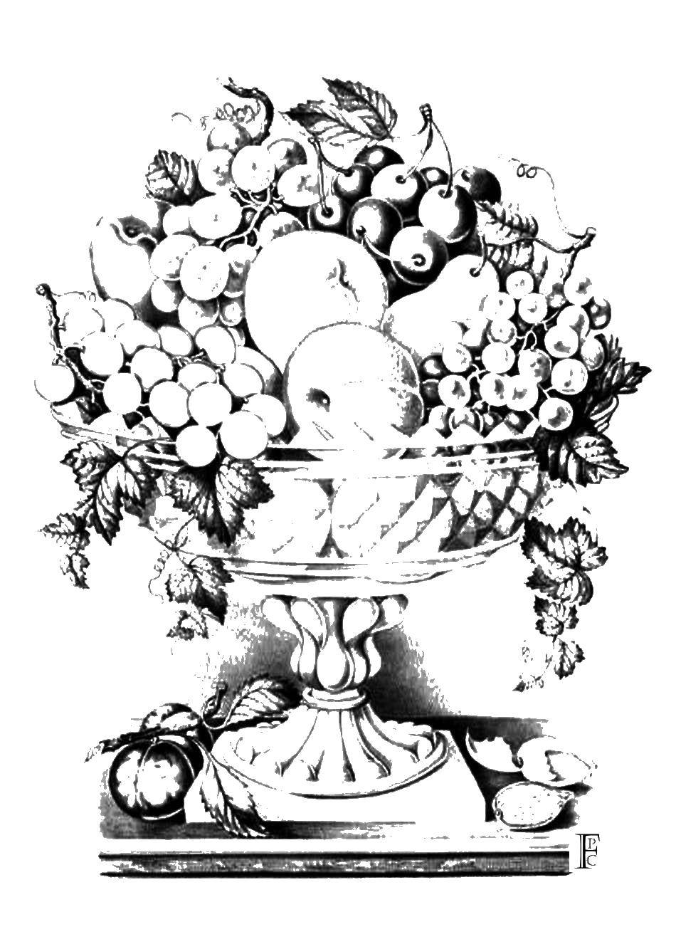 Название: Раскраска Красивая ваза с фруктами. Категория: фрукты. Теги: фрукты, ваза, еда.