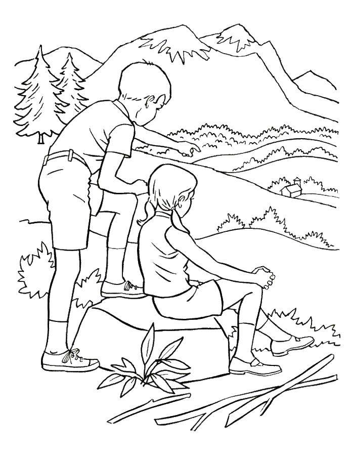 Название: Раскраска Мальчик и девочка в походе. Категория: Отдых на природе. Теги: природа, поход, мальчик, девочка, горы.