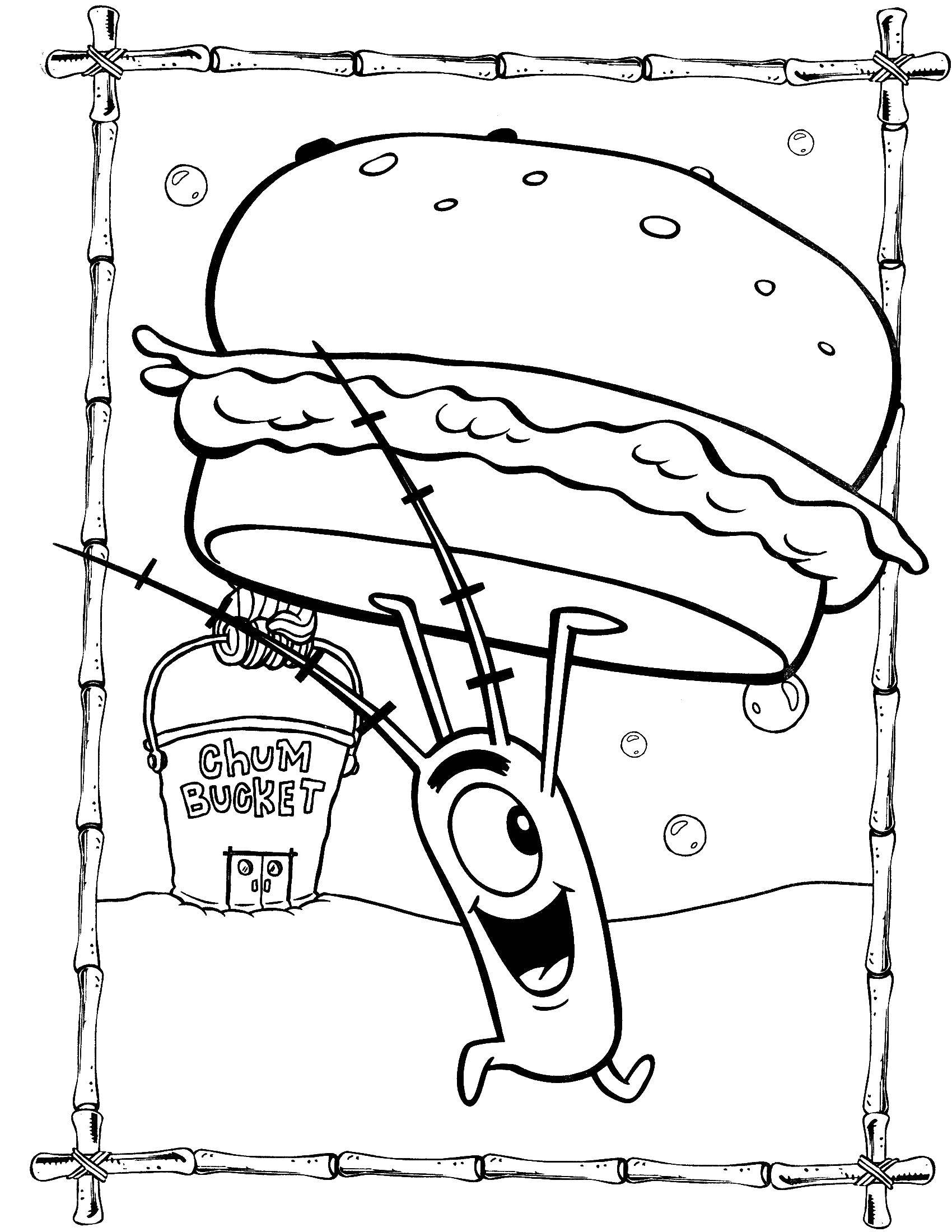 Название: Раскраска Планктон с большим гамбургером. Категория: Спанч Боб. Теги: Планктон, Спанч боб.