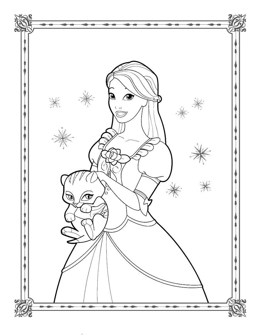 Coloring Princess Barbie with cat. Category Barbie . Tags:  Princess, Barbie, cat, kitty.