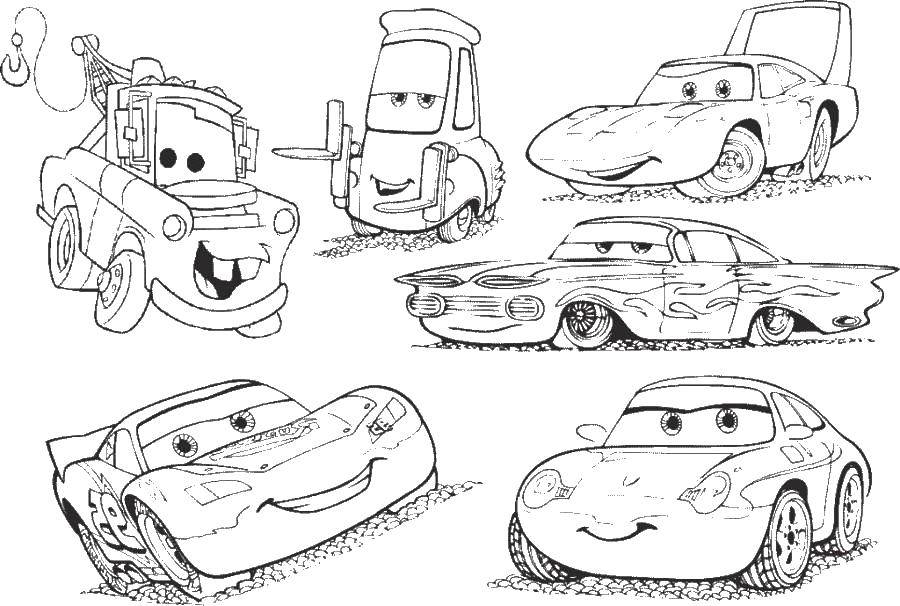 Название: Раскраска Разные машины из тачек. Категория: Машины. Теги: машины, тачки, автомобили, мультфильмы.