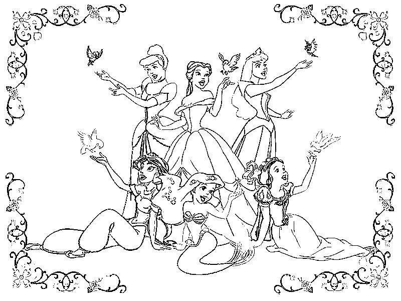 Название: Раскраска Шесть диснеевских принцесс. Категория: Принцессы. Теги: принцессы, Дисней.
