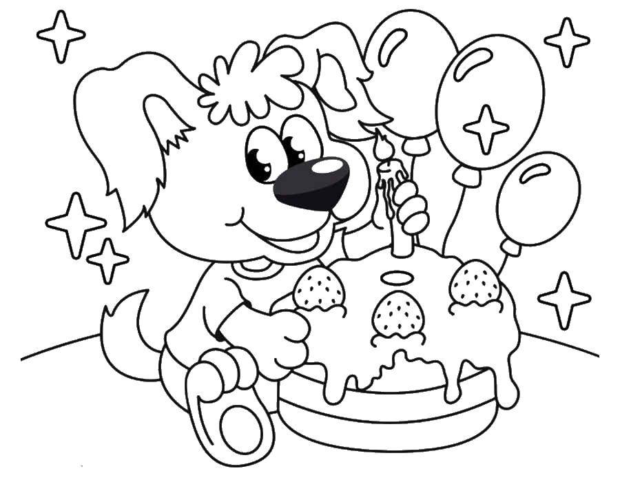 Название: Раскраска Собачка с тортом. Категория: Животные. Теги: животные, собака, торт, шарики.
