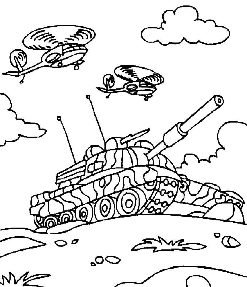 Название: Раскраска Танк и вертолеты. Категория: танки. Теги: танки, вертолеты, война.