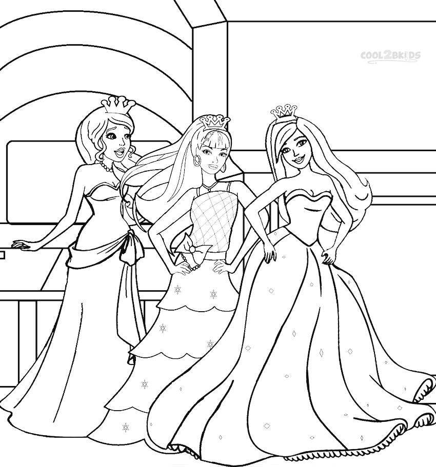 Название: Раскраска Три барби в красивых платьях. Категория: Барби. Теги: барби, девочки, платья, принцессы.
