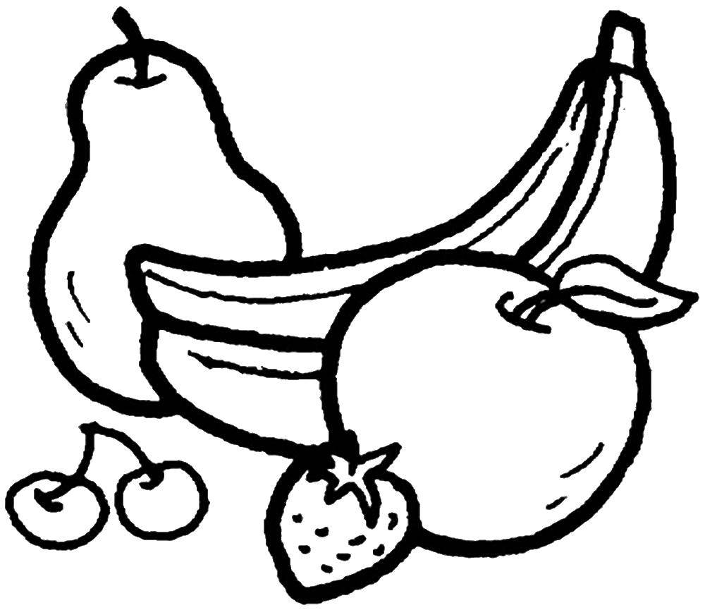 Раскраска Бананы, груша, яблоко вишенки, клубничка Скачать ,фрукты, ягоды, бананы, груша, яблоко вишенки, клубничка,.  Распечатать 