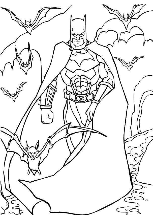 Розмальовки  Бетмен і летючі миші. Завантажити розмальовку для хлопчиків, супергерої, бетмен.  Роздрукувати ,Для хлопчиків,