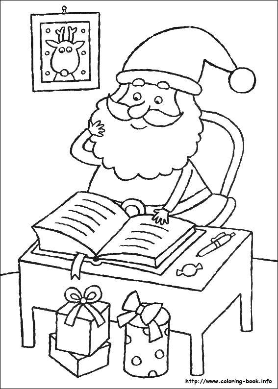 Опис: розмальовки  Дід мороз з книгою. Категорія: дід мороз. Теги:  дід мороз, санта клаус, книга, подарунки.