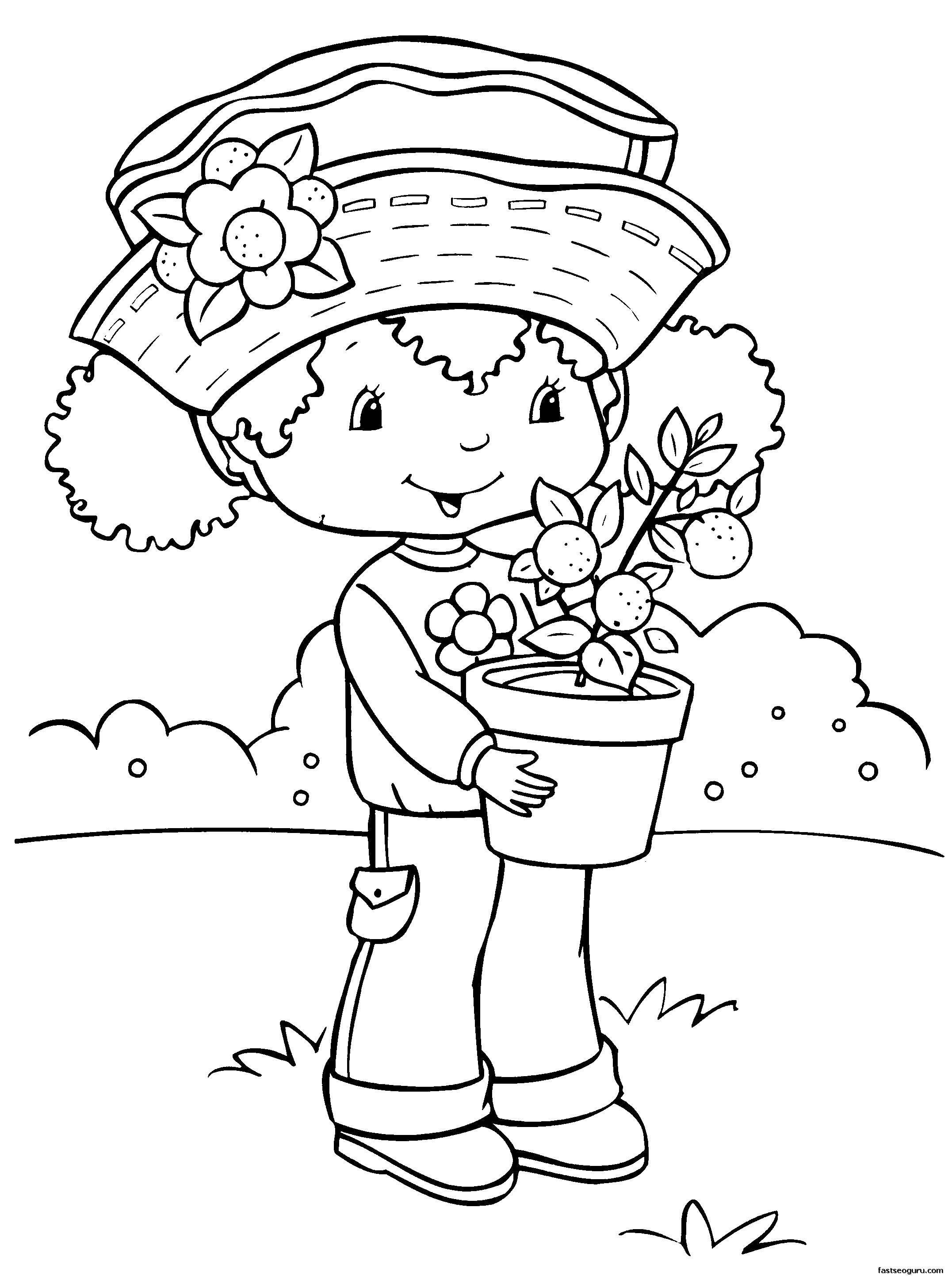 Розмальовки  Дівчинка з квіткою в горщику. Завантажити розмальовку дівчинка, для дівчаток, рослини, горщик.  Роздрукувати ,Дівчинка,