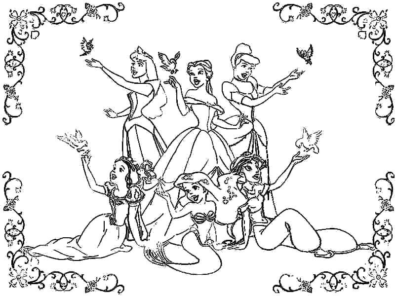 Розмальовки  Діснеївські принцеси з пташками. Завантажити розмальовку Дісней, принцеса.  Роздрукувати ,Діснеївські розмальовки,