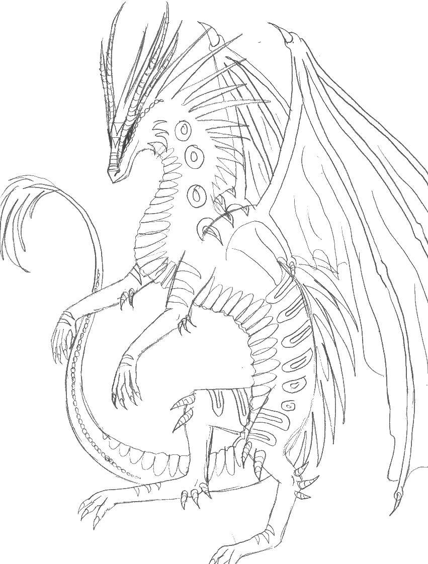 Розмальовки  Дракон з кігтями. Завантажити розмальовку дракони, крила.  Роздрукувати ,Дракони,