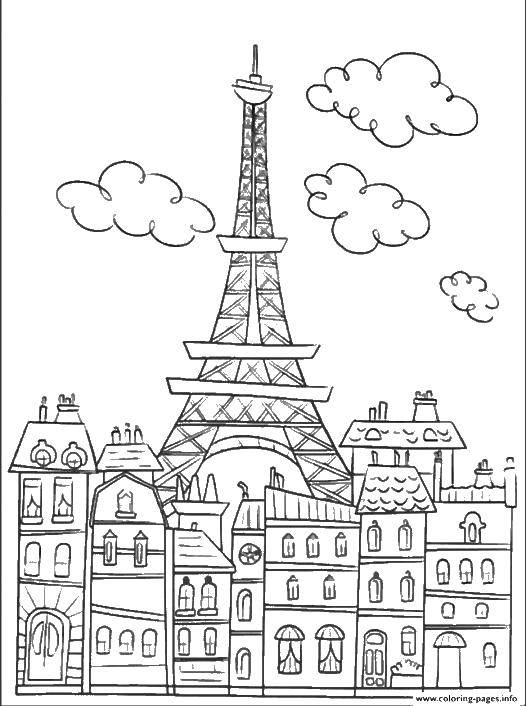 Розмальовки  Ейфелева вежа серед будинків. Завантажити розмальовку Париж.  Роздрукувати ,Чудеса Світу,