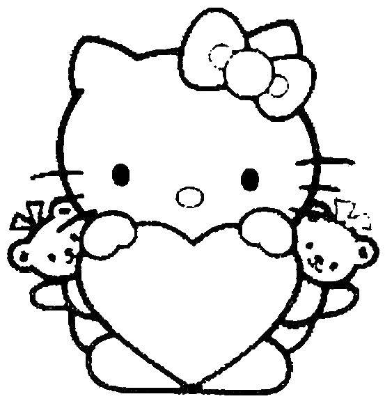 Розмальовки  Хеллоу кітті з ведмедиками і сердечком. Завантажити розмальовку хеллоу кітті, кішечка, серденько.  Роздрукувати ,Хеллоу Кітті,
