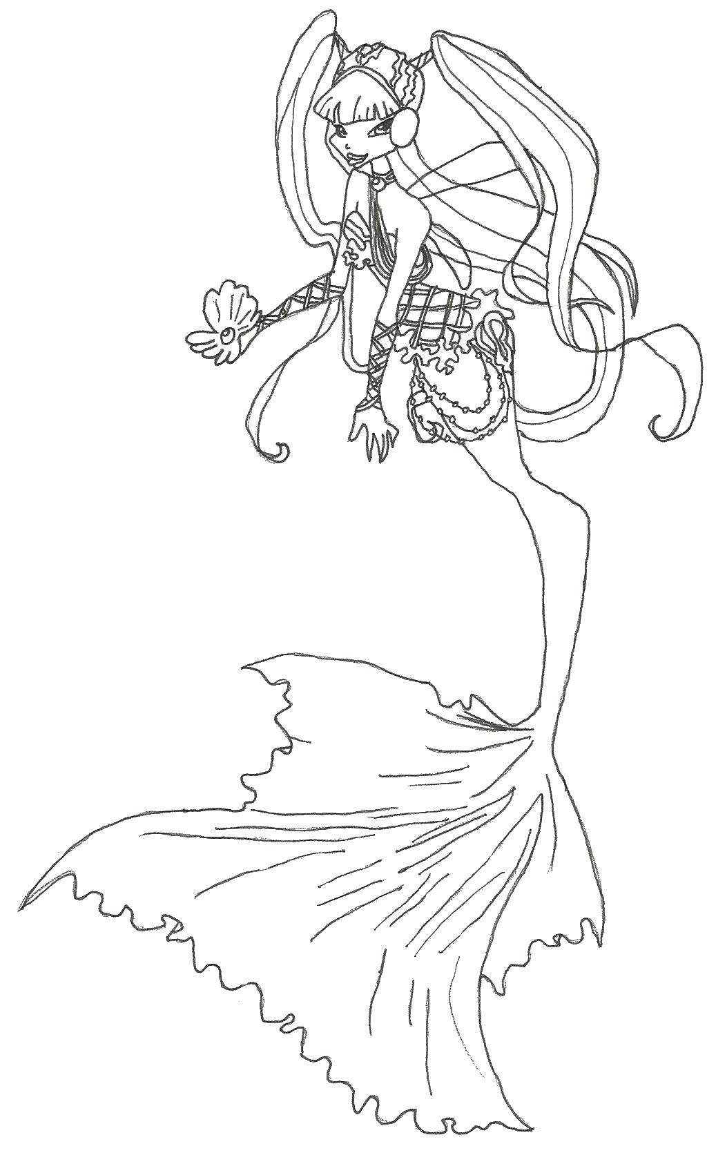 Розмальовки  Муза стала русалкою. Завантажити розмальовку Персонаж з мультфільму, Winx.  Роздрукувати ,Вінкс,
