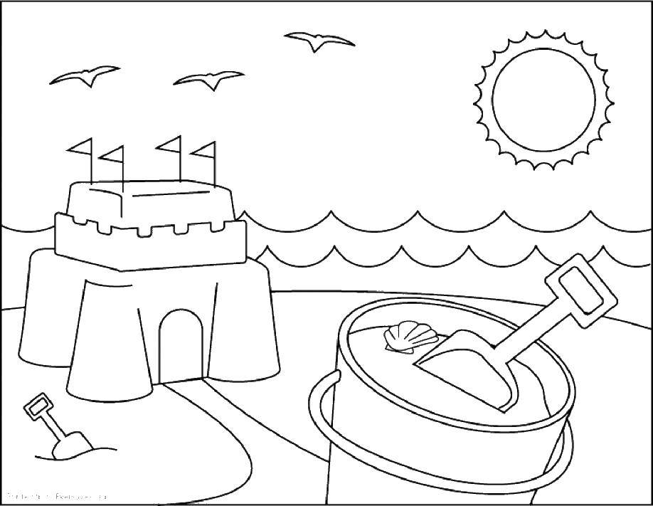 Розмальовки  Пляжне відерце з лопаткою і замок. Завантажити розмальовку Пляж, діти, ігри, замок з піску.  Роздрукувати ,Літо,