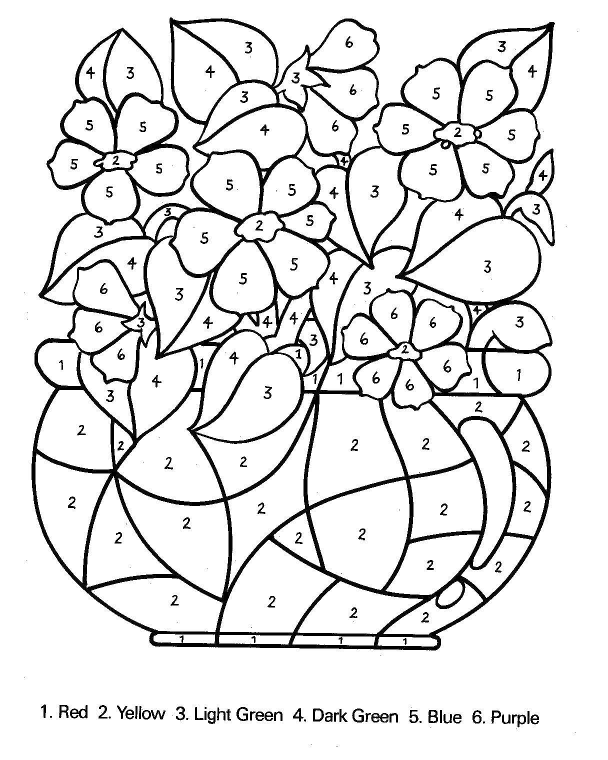 Опис: розмальовки  Розфарбуй по цифрам квіти у вазі. Категорія: За номерами. Теги:  Зразок, цифри.