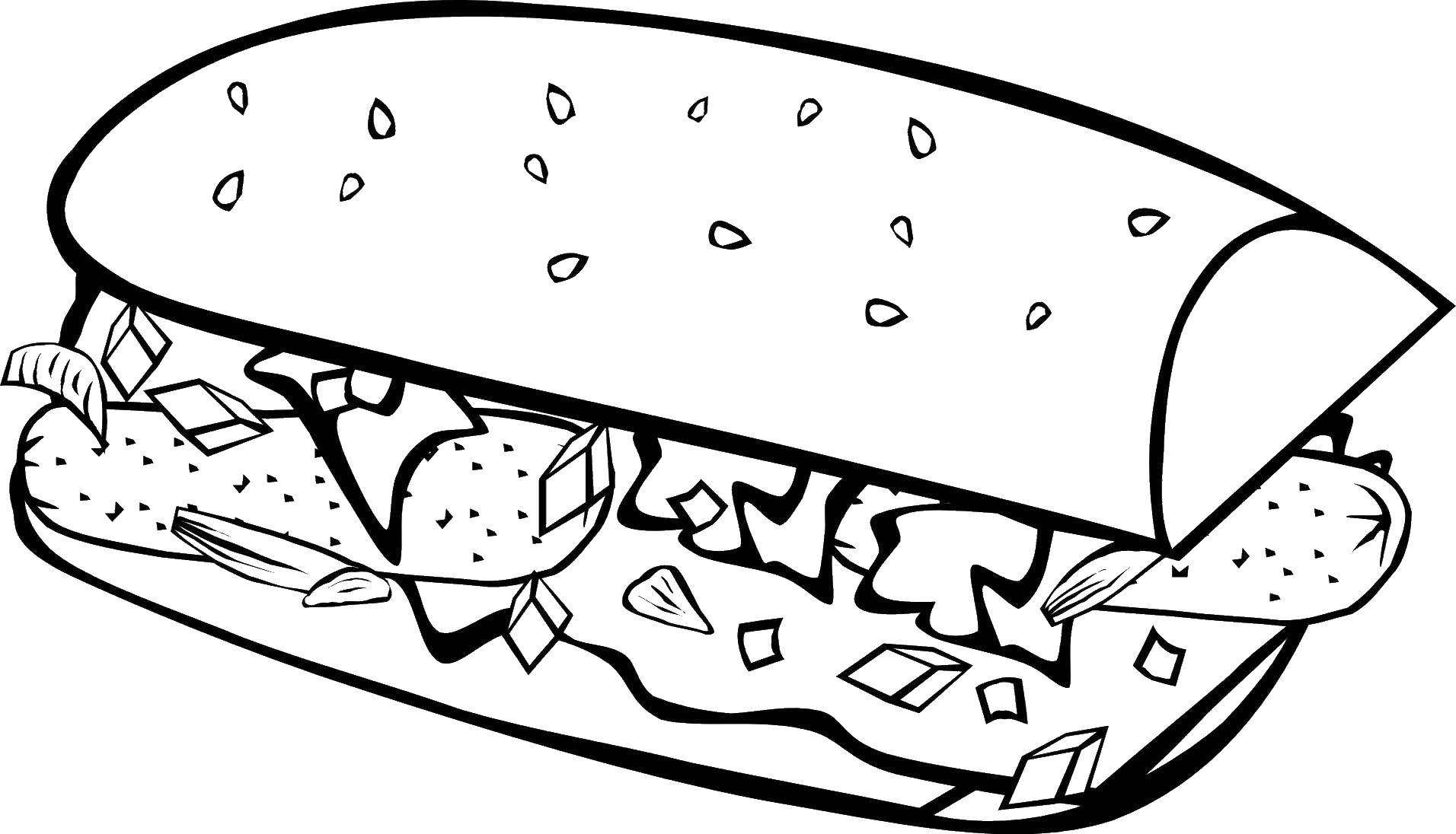 Розмальовки  Сендвіч з сосискою. Завантажити розмальовку їжа, сендвіч, сосиска.  Роздрукувати ,їжа,
