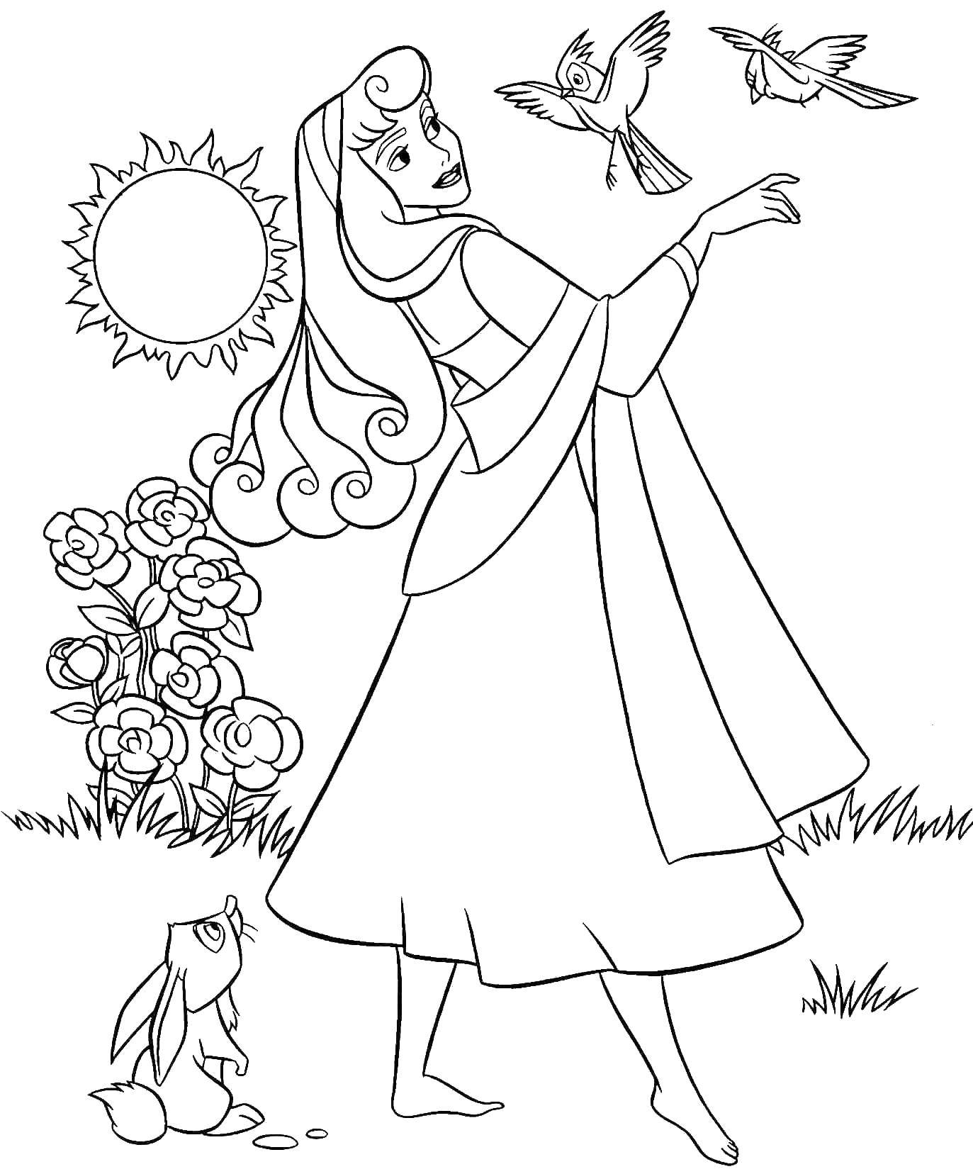 Coloring Aurora and her friends the birds. Category Disney coloring pages. Tags:  Sleeping beauty, Disney.