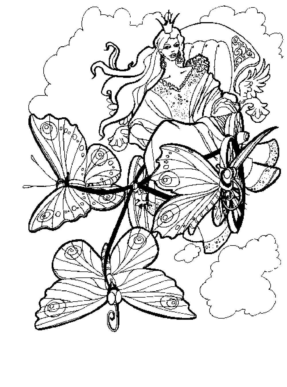 Coloring Queen fairy riding a butterfly. Category fairy. Tags:  fairy, Dindin.