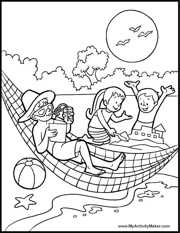 Название: Раскраска Летний отдых на гамаке. Категория: Лето. Теги: Отдых, дети, вода, веселье.