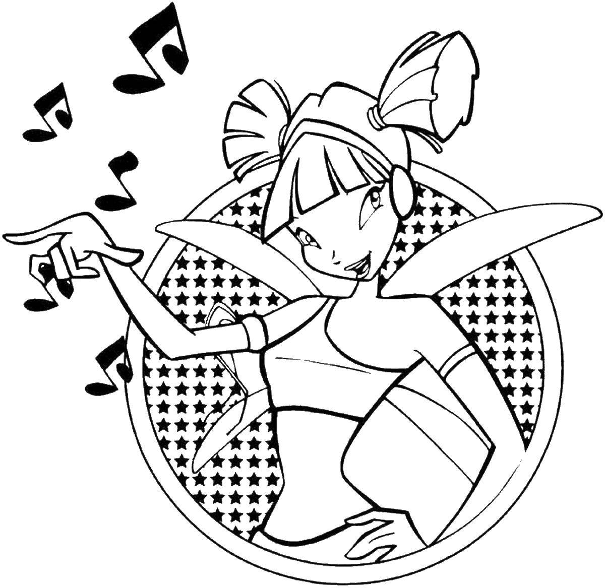 Название: Раскраска Муза в наушниках слушает музыку. Категория: Винкс. Теги: Персонаж из мультфильма, Winx.