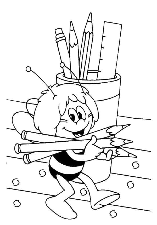 Название: Раскраска Пчелка майя и карандаши. Категория: пчелка Мая. Теги: Персонаж из мультфильма.
