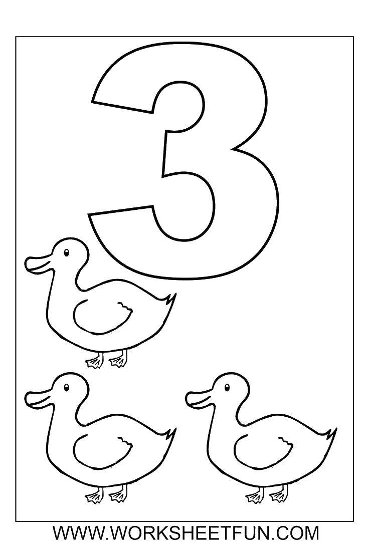 Название: Раскраска Цифра три. Категория: Учимся считать. Теги: цифры, счет, утки, 3.