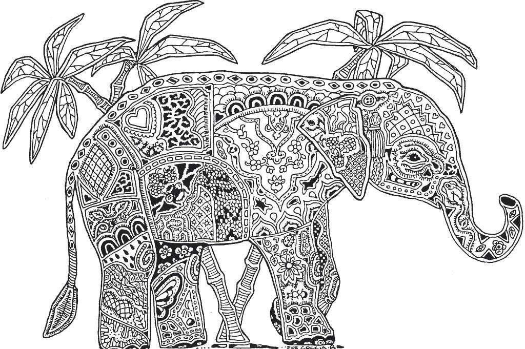 Coloring Patterned elephant among the palm trees. Category coloring antistress. Tags:  Patterns, animals.