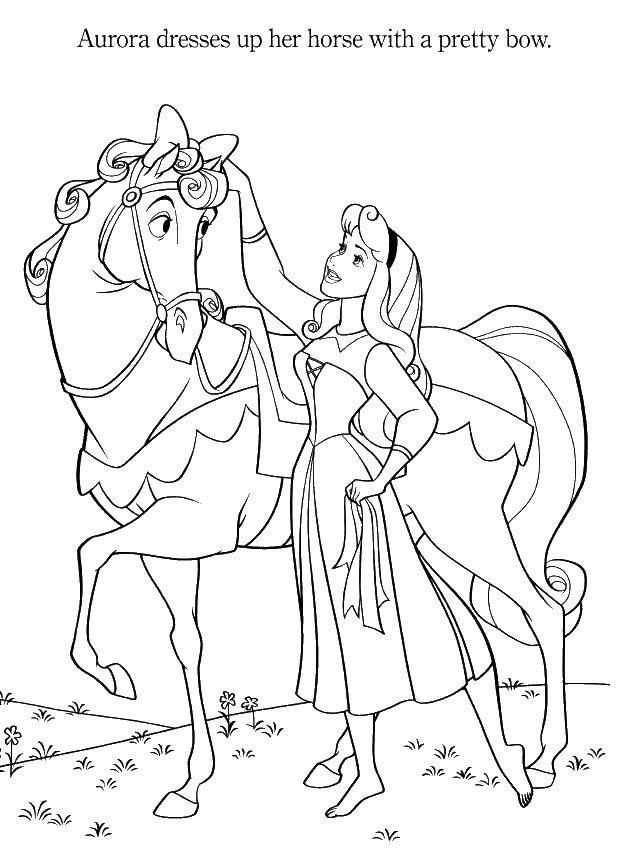 Розмальовки  Аврора одягла на свою кінь гарний бантик. Завантажити розмальовку Спляча красуня, Дісней.  Роздрукувати ,Діснеївські розмальовки,
