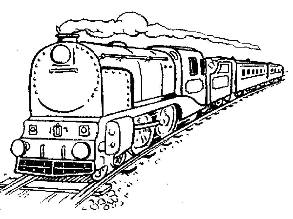 Розмальовки  Великий потяг. Завантажити розмальовку Потяг, рейки.  Роздрукувати ,поїзд,